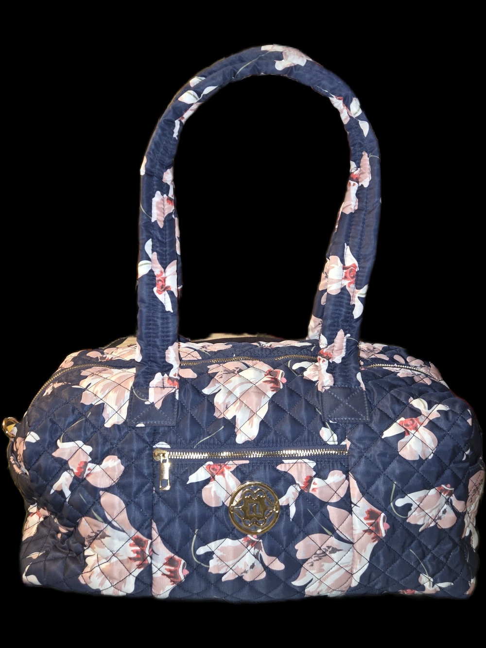 Nanette LePore Quilted Navy Floral Tote Bag with Gold Emblem And Sturdy Straps.